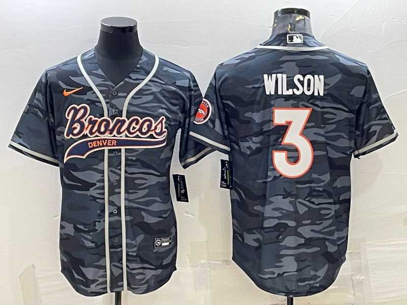 Mens Denver Broncos #3 Russell Wilson Grey Camo With Patch Cool Base Stitched Baseball Jersey